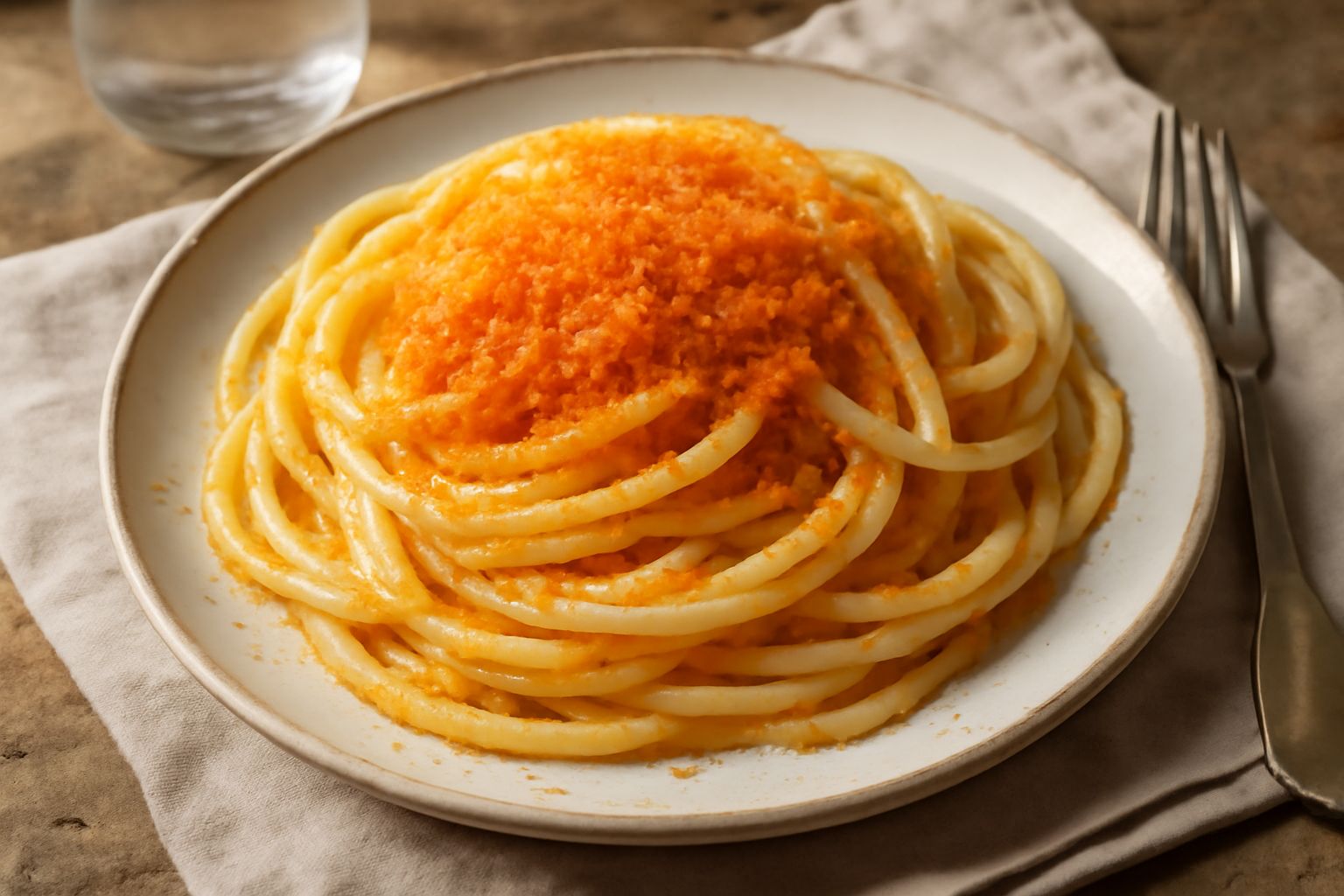 Piatto di bucatini con bottarga grattugiata di colore arancio dorato, conditi con olio brillante, pepe nero visibile sui fili di pasta, servito in piatto bianco