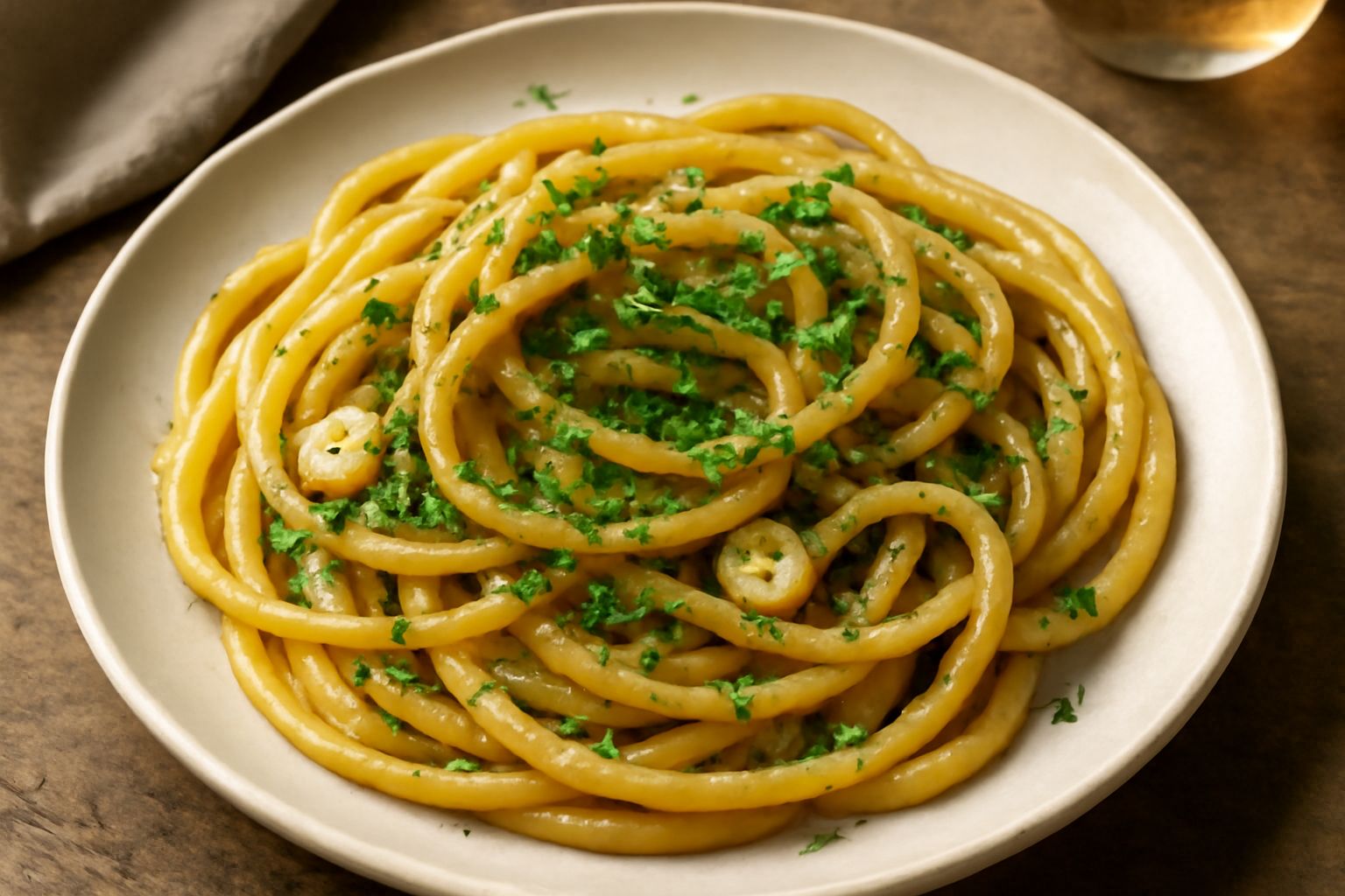 Piatto di bucatini al dente condito con acciughe sciolte in olio dorato, aglio affettato sottile, prezzemolo fresco tritato fine, pepe nero, servito in piatto bianco fondo