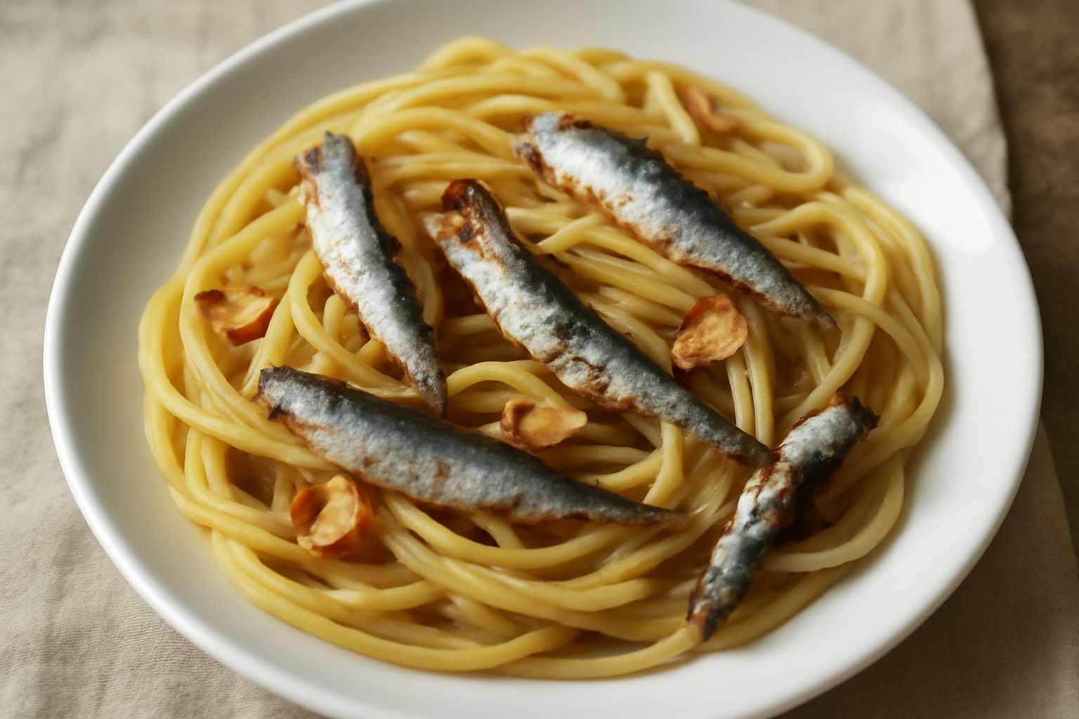 Piatto fondo bianco con bucatini conditi da alici intere, aglio dorato, prezzemolo fresco e gocce di olio verdastro, pasta al dente con filo di peperone rosso macinato
