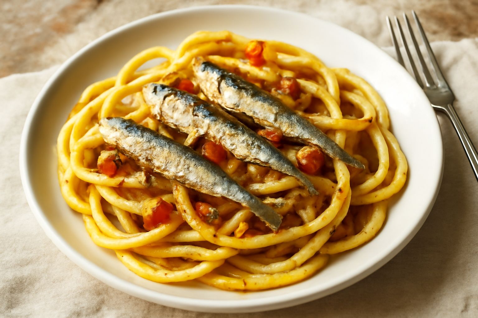 Piatto di bucatini con sarde intere, pomodori rossi e zafferano, conditi in olio d'oliva, guarniti con prezzemolo fresco, su sfondo di lino naturale