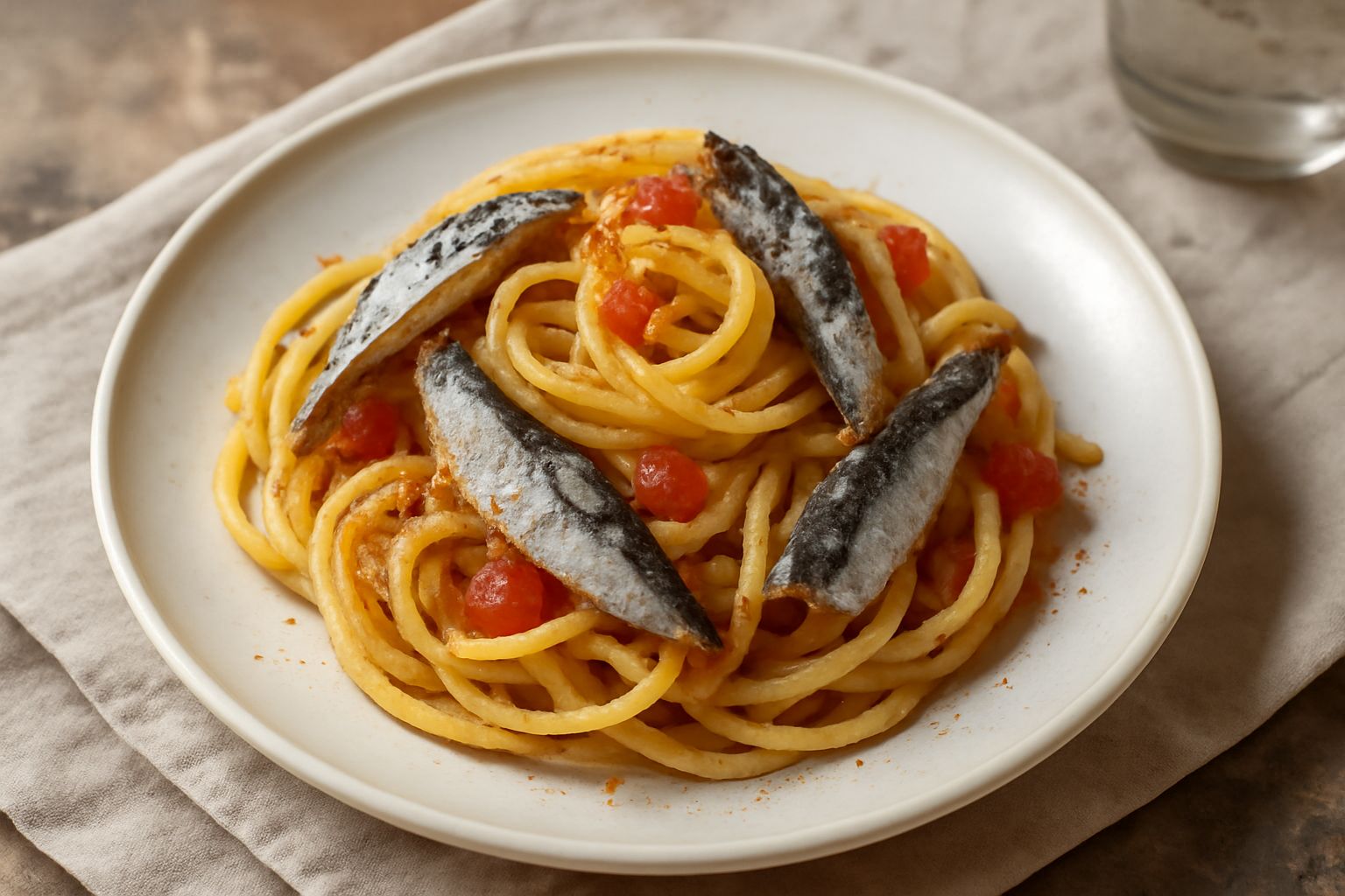 Bucatini con sardine in un piatto bianco, con filetti di sardina dorati avvolti attorno alla pasta, cipolla trasparente, pomodoro rosso e una spolverata di pangrattato tostato