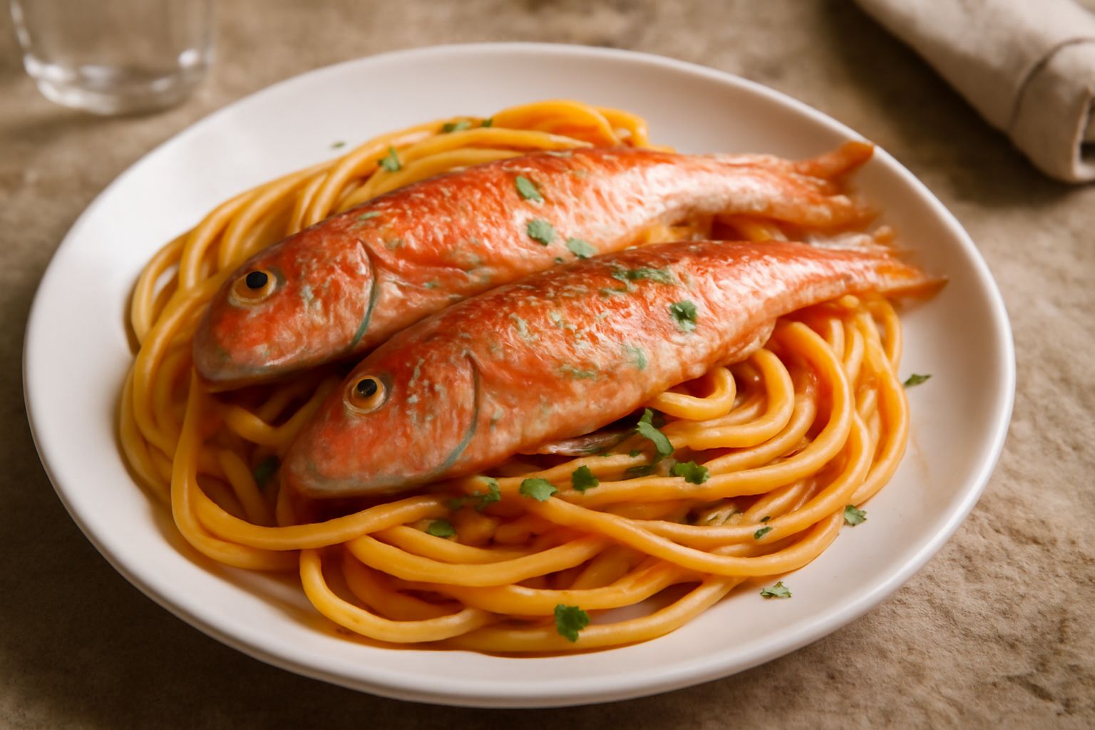 Piatto di bucatini con triglie intere appoggiate sulla pasta, salsa rossa al pomodoro, filo di olio verde, prezzemolo fresco, piatto bianco, sfondo neutro