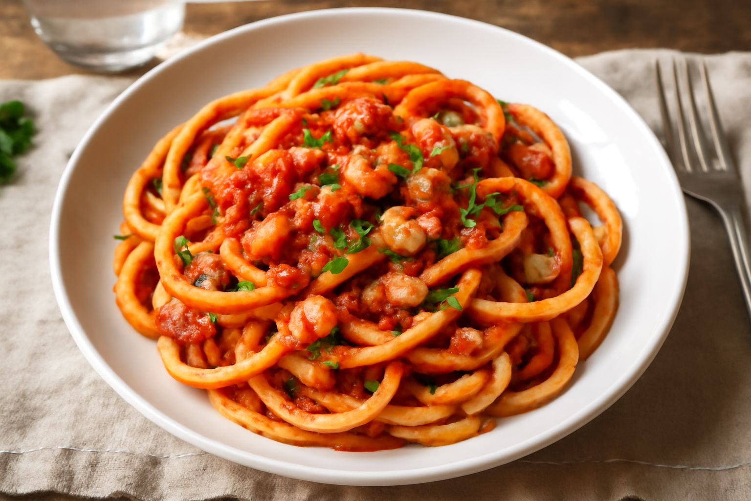 Buccatini al tonno in piatto bianco: pasta di colore giallo-dorato avvolta intorno alla forchetta, sugo rosso con pezzetti di tonno bianco, prezzemolo fresco verde, filo di olio d'oliva che luccica, s