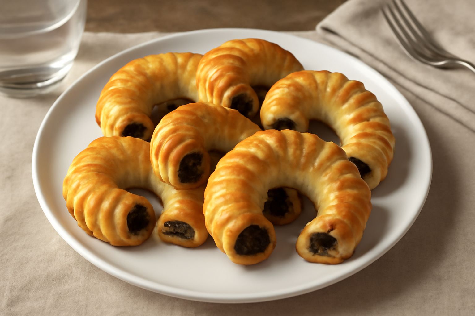 Buccellati catanesi appena sfornati, dorati e lucidi, disposti su un piatto bianco. Biscotti a forma di mezzaluna con ripieno di fichi visibile dalla fetta aperta, guarniti con glassa bianca sui bordi