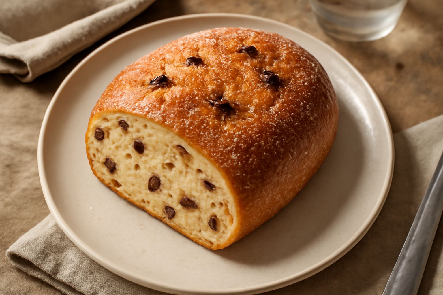 Fetta di buccellato dorato con grana di zucchero in superficie, visibili semi di anice, uvetta e frutta secca all'interno, posata su piatto bianco