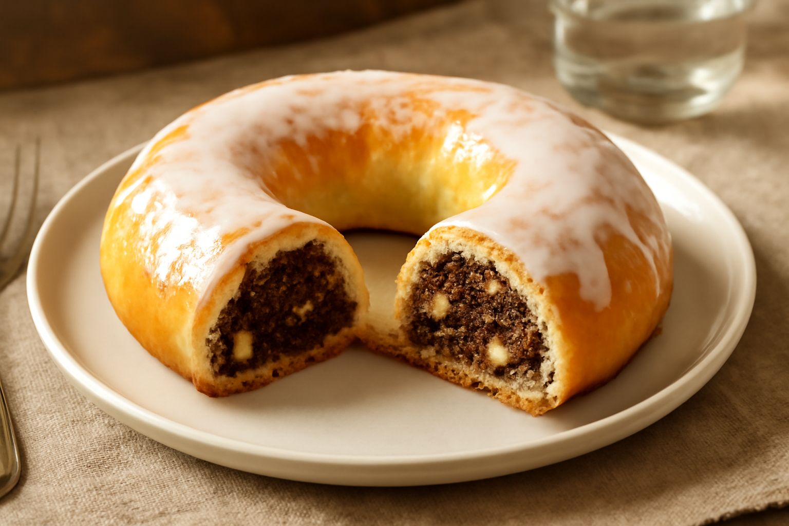 Buccellato avellinese intero su piatto bianco, tagliato a fette per mostrare l'interno con fichi secchi, noci e mandorle, glassato in bianco, circondate da tovagliolo di lino naturale