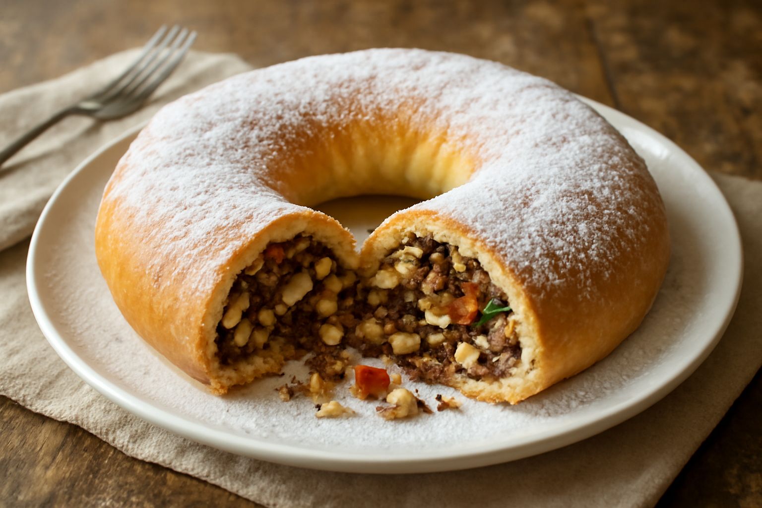 Buccellato calabrese a forma di ciambella su piatto bianco, dorato e lucido, spruzzato di zucchero a velo, con fetta tagliata che mostra il ripieno di frutta secca e canditi, contornato da nocciole e 