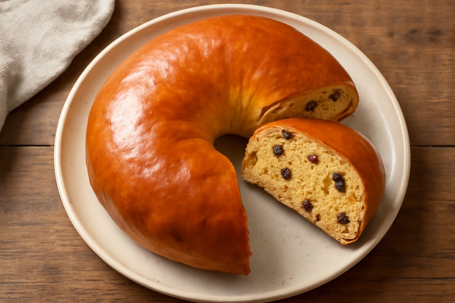 Buccellato di Lucca affettato su un piatto bianco, sezione visibile con fichi e uva scuri, pasta gialla dorata, contorno di tazza di caffè