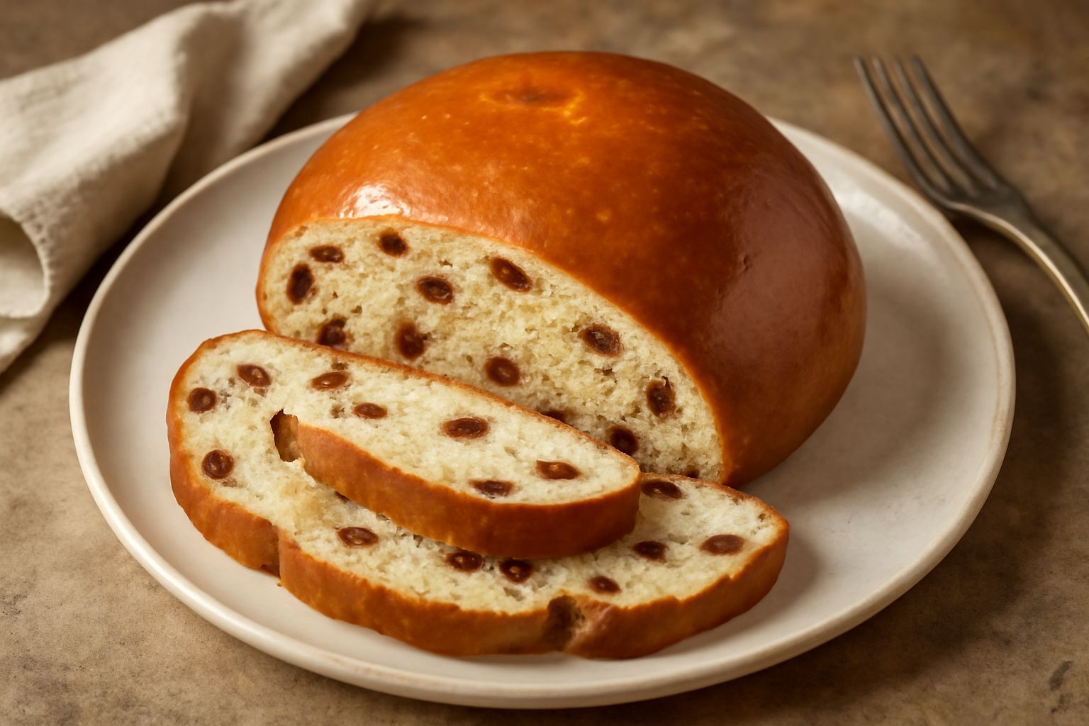 Buccellato livornese affettato su un piatto bianco, si vedono le striature di uvetta scura e l'interno morbido e dorato, con una tazza di tè accanto