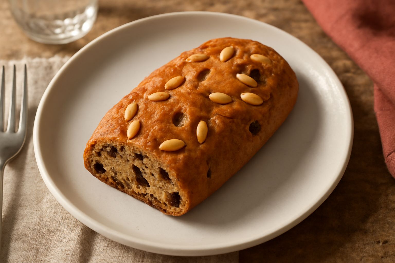 Buccellati romani a fette, disposti su un piatto bianco. Biscotti dorati e croccanti con uvetta e pinoli visibili, con una tazza di caffè fumante sullo sfondo