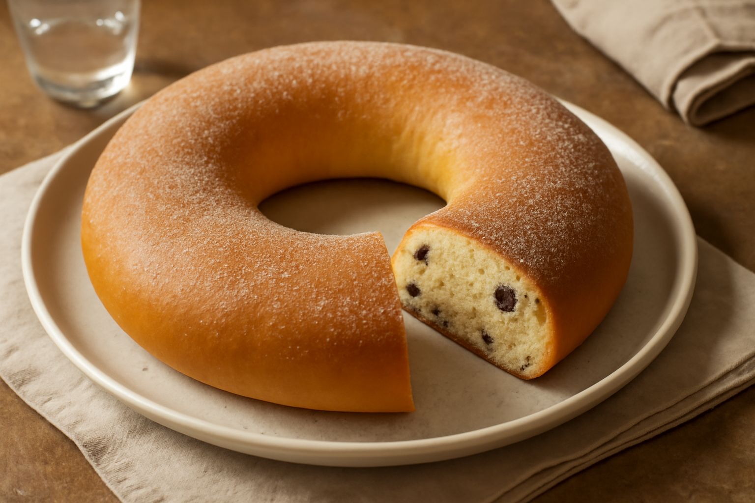Buccellato toscano intero e affettato su un piatto bianco, con la forma caratteristica a ciambella, colore dorato e uvetta visibile sulla superficie e nel taglio, accanto a una tazza di caffè