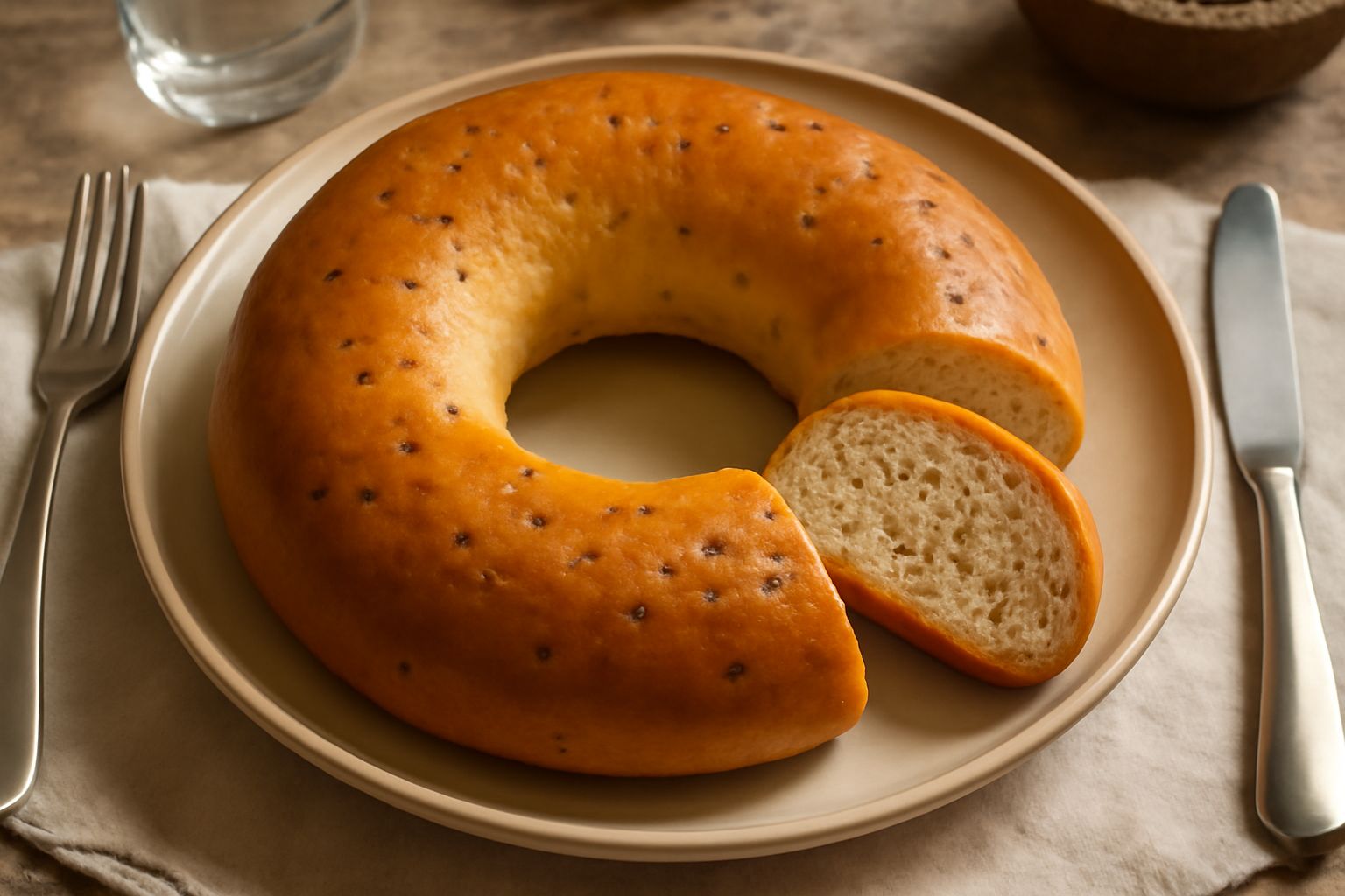 Bucellato toscano a forma di ciambella, dorato e lievitato, con cristalli di zucchero sulla superficie, affettato per mostrare la molla interna uniformemente porosa, con visibili i semini di anice
