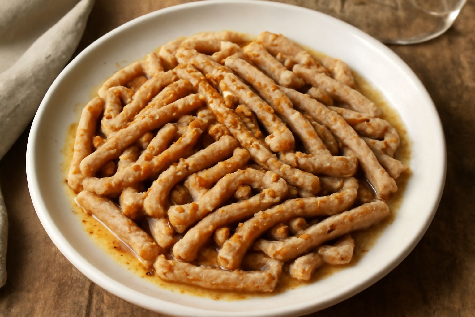 Trippa tagliata a striscioline color beige-avorio, rosso-brunastro della cottura, impiattata in un piatto bianco con aglio dorato visibile tra le fibre, olio luccicante, peperoncino rosso sbriciolato 