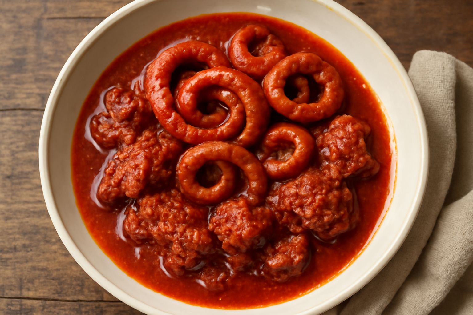 Budellame in umido in un piatto di ceramica bianca, con sugo di pomodoro denso rosso scuro, cipolla caramellata, prezzemolo fresco verde sopra, serviti con pane toscano secco accanto