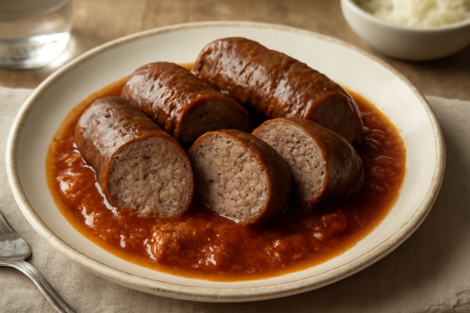 Budellame ripieno in umido, affettato nel piatto, mostra il ripieno di carne macinata all'interno, circondato da salsa marrone scura, guarnito con prezzemolo fresco