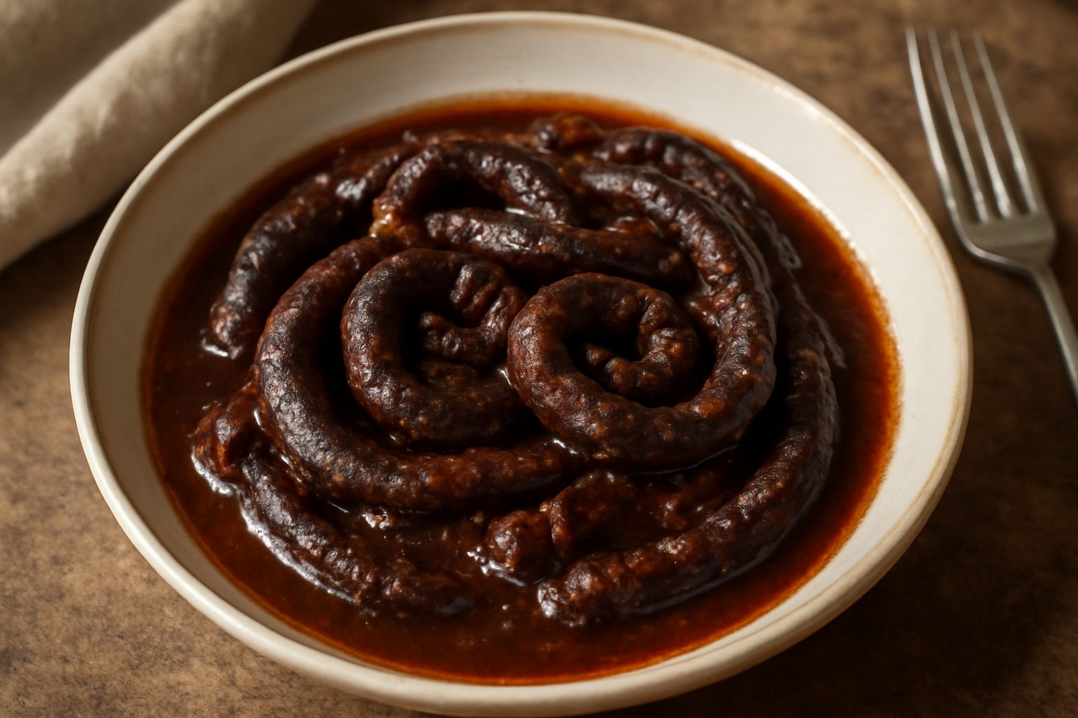 Budellini cotti in umido in un piatto bianco, di colore marrone scuro, raggruppati al centro con salsa ridotta e prezzemolo fresco tritato sopra, contorno di polenta gialla cremosa