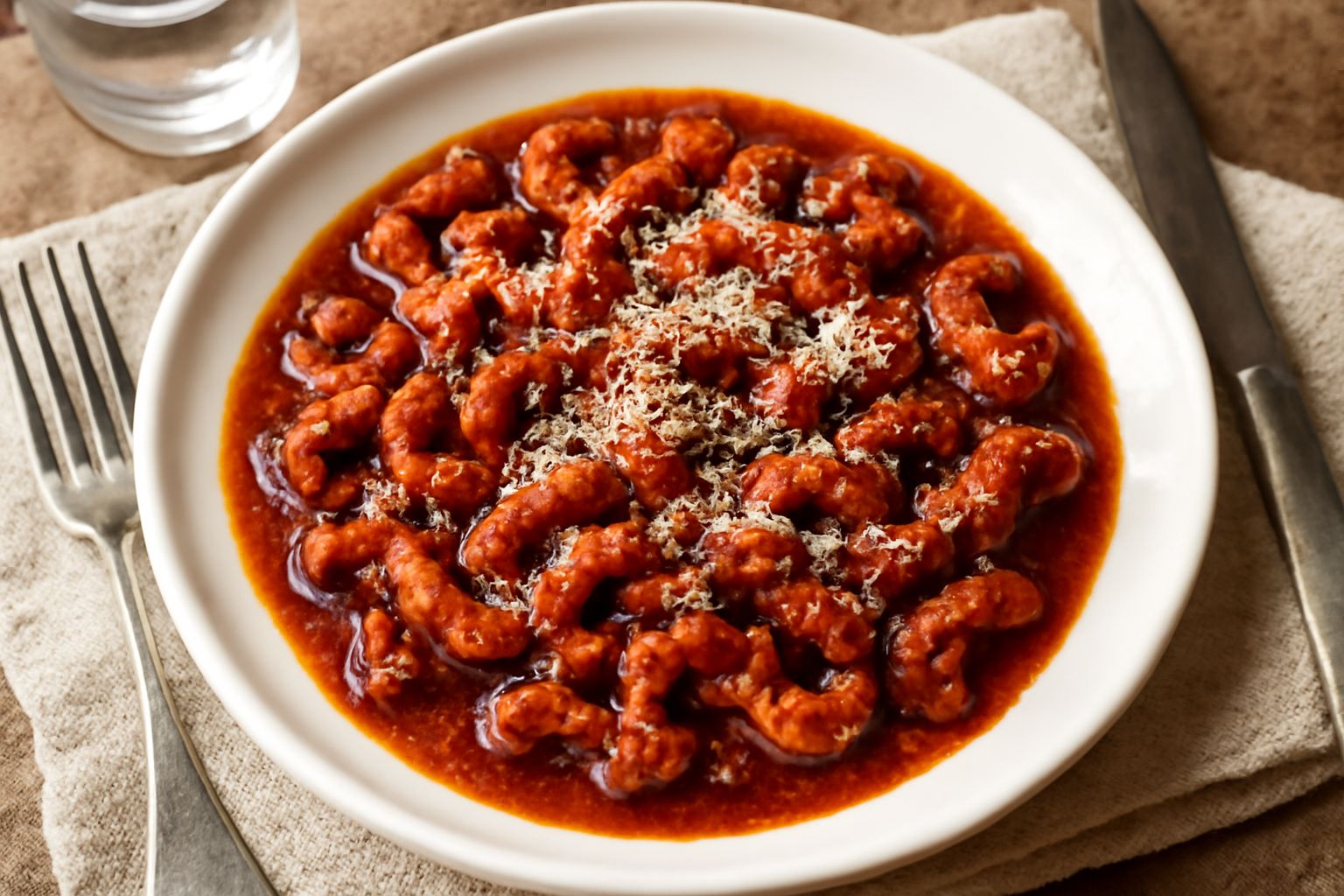 Budellini in umido in piatto bianco: pezzetti di carne tenera in sugo rosso denso di pomodoro, con cipolla trasparente, spruzzati di prezzemolo verde, accompagnati da pane tostato