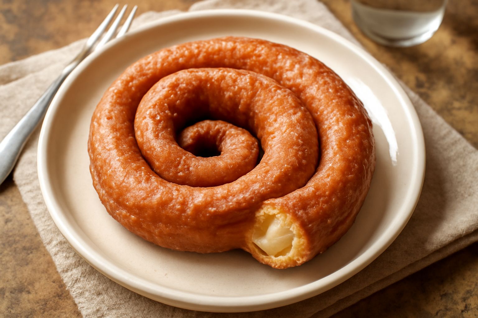 Budello di Sant'Antonio dorato e croccante su piatto bianco, condito con fili di miele, mandorle tostate e pinoli, caldo appena fritto
