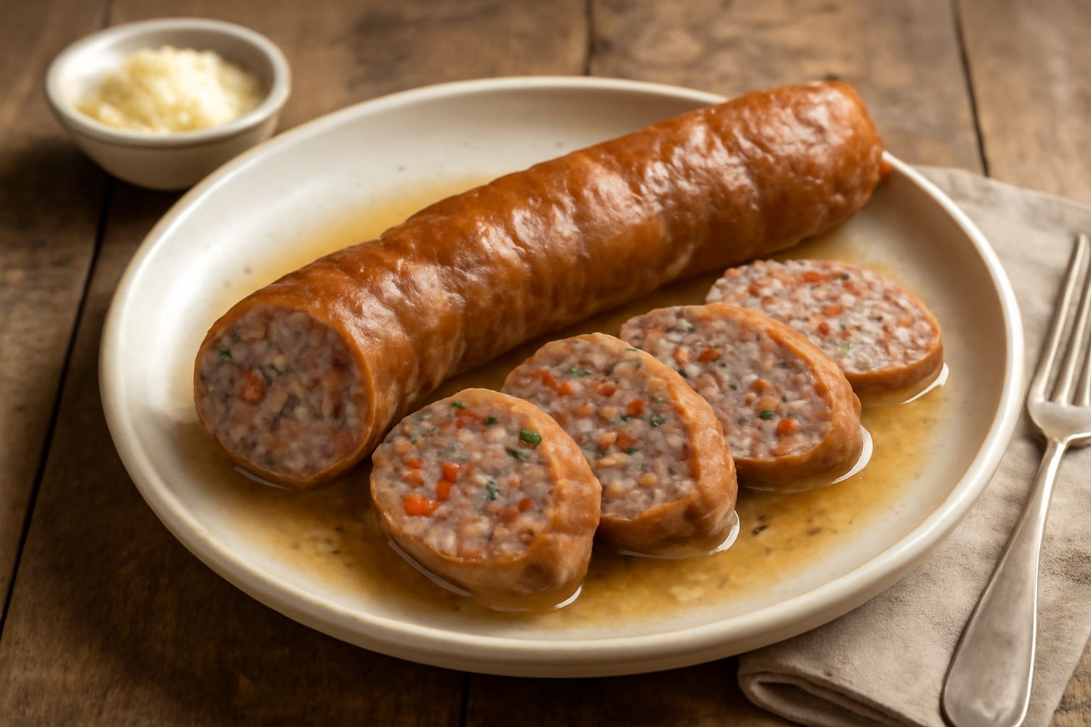 Budello ripieno affettato su un piatto bianco, ripieno di carne macinata e verdure visibili in sezione, accanto cipolla rossa e prezzemolo fresco, fondo grigio neutro