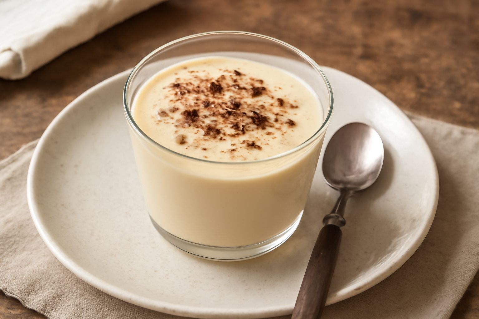Budino cremoso di color marrone cioccolato in bicchiere trasparente, guarnito con polvere di cacao, servito su piattino bianco con cucchiaio