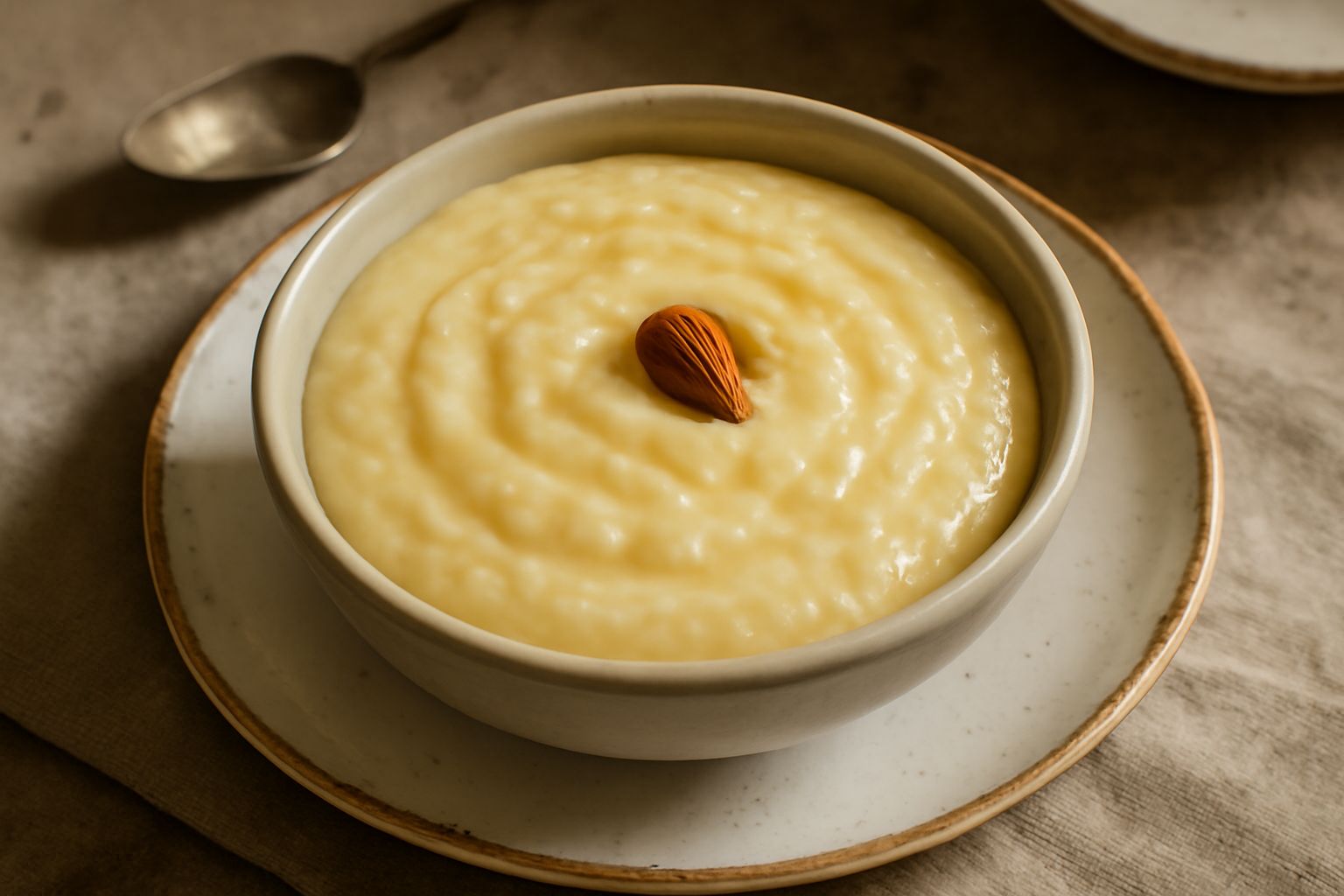 Budino di riso cremoso giallo-avorio in coppa di vetro, guarnito con una mandorla sgusciata sulla superficie liscia, su fondo bianco con cucchiaino di metallo accanto