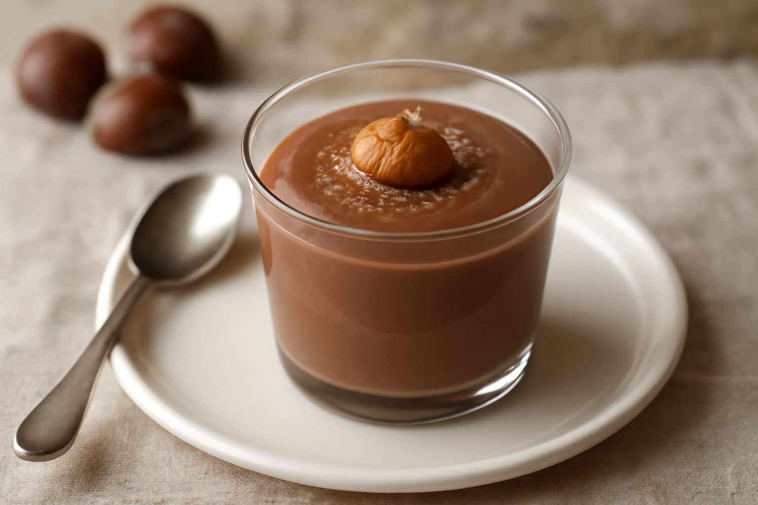 Budino di castagne marrone scuro in bicchiere trasparente, cremoso e vellutato, guarnito con una castagna intera tostata in cima e una spolverata di cacao, servito su piattino bianco con cucchiaio