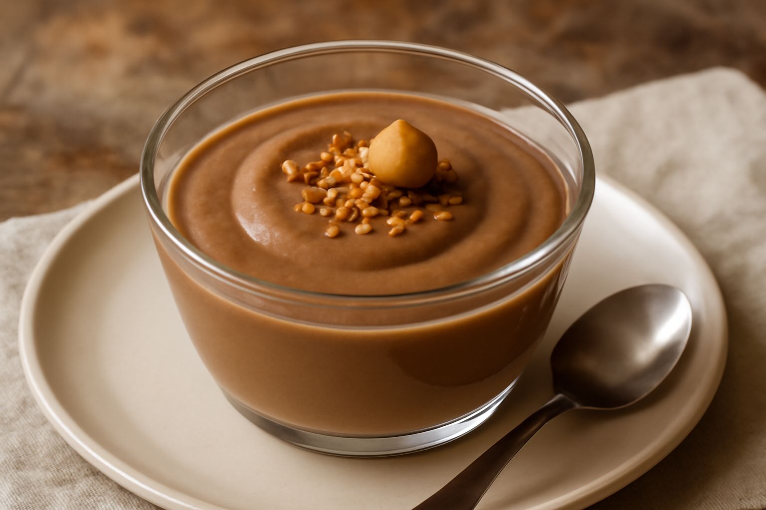 Budino di nocciole in coppetta di vetro trasparente, color marrone chiaro, superficie liscia e cremosa, guarnito con una nocciola intera tostata e una spolverata di granella di nocciole sul bordo