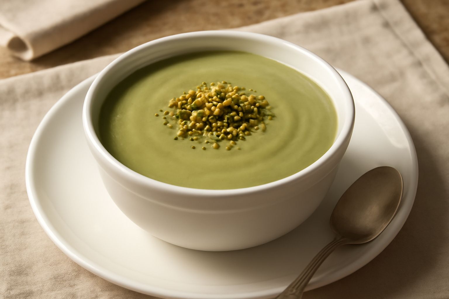 Budino di pistacchio verde in coppetta di vetro, guarnito con granella di pistacchio tritata finemente, con cucchiaio piccolo e sfondo neutro