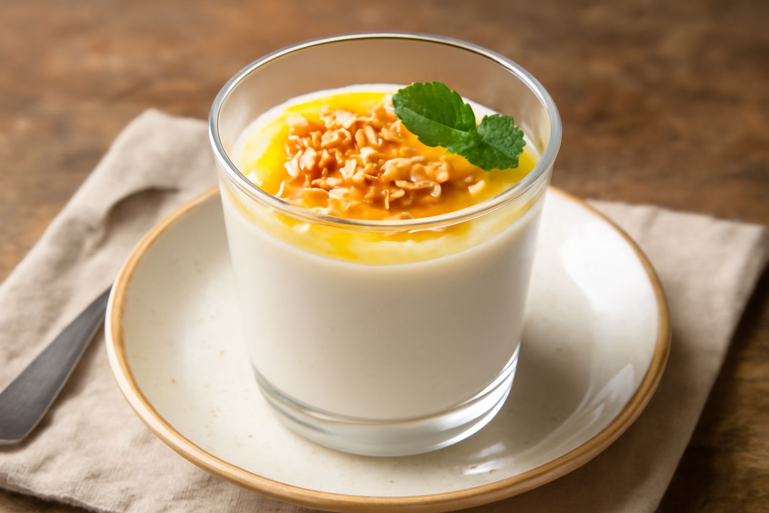 Budino di ricotta in bicchiere di vetro trasparente, cremoso e bianco, con miele liquido che cade dall'alto, guarnito con nocciole tritate e un rametto di menta fresca