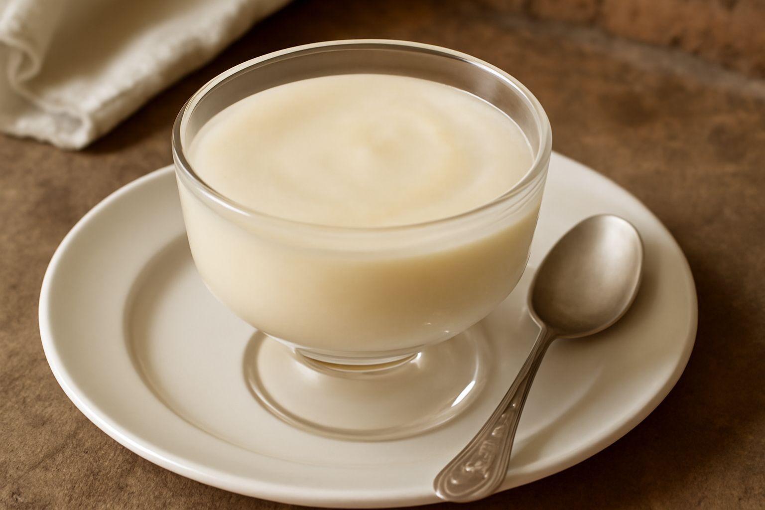 Budino di riso bianco cremoso servito in una coppa di vetro, con una salsa di frutti di bosco rossi sulla superficie e una tegola di mandorla croccante come guarnizione