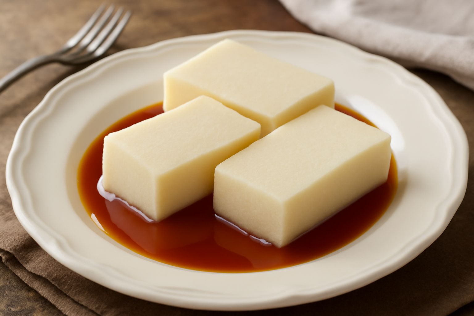 Budino di semolino di colore crema pallido, tagliato a fette in un piatto bianco, superficie liscia e compatta, accompagnato da una salsa ai frutti di bosco e foglie di menta fresca