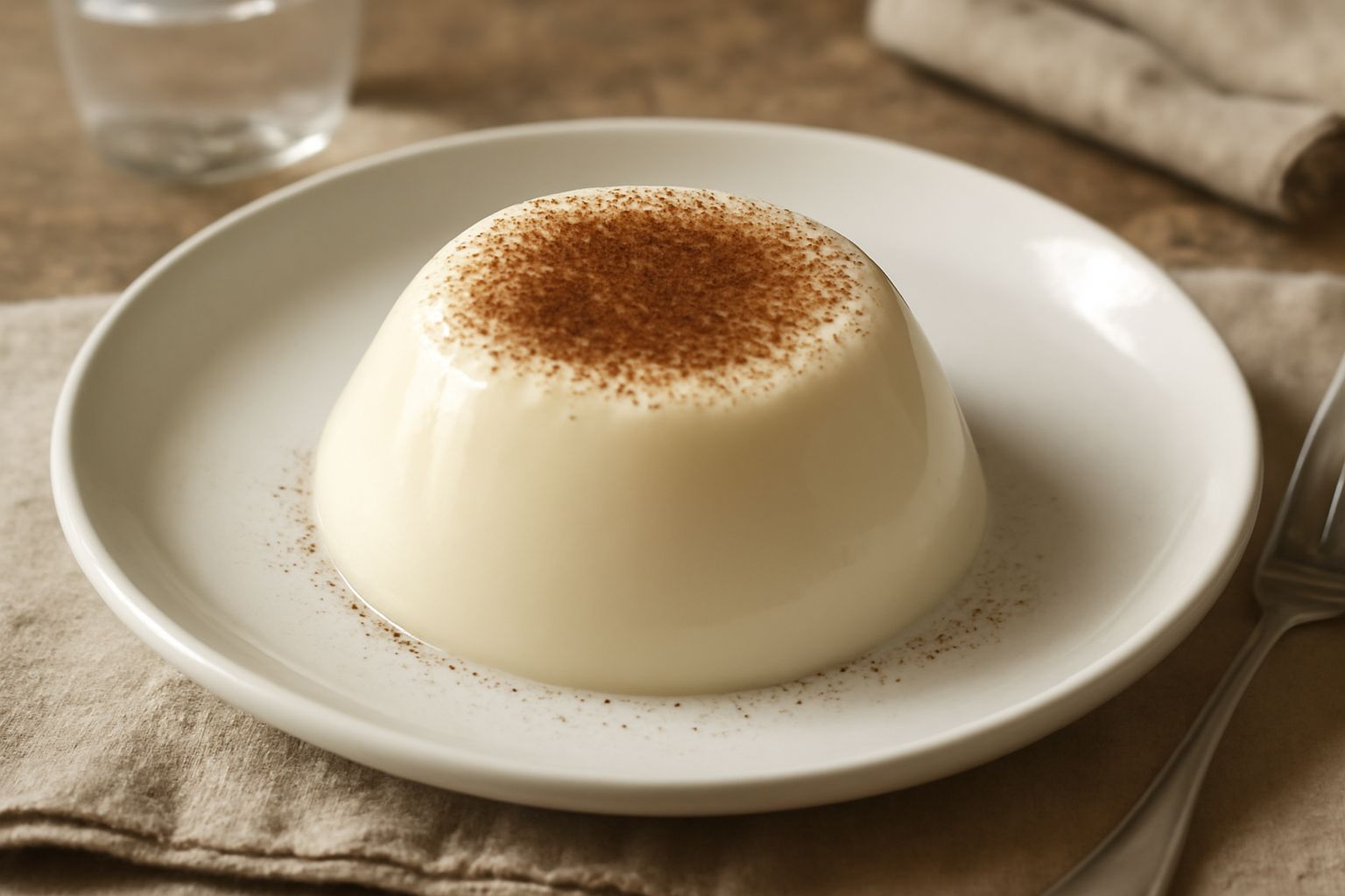 Budino mantovano color crema in una coppa di vetro, superficie liscia e lucida, guarnito con una spolverata di cacao in polvere e biscotto savoiardo spezzato accanto