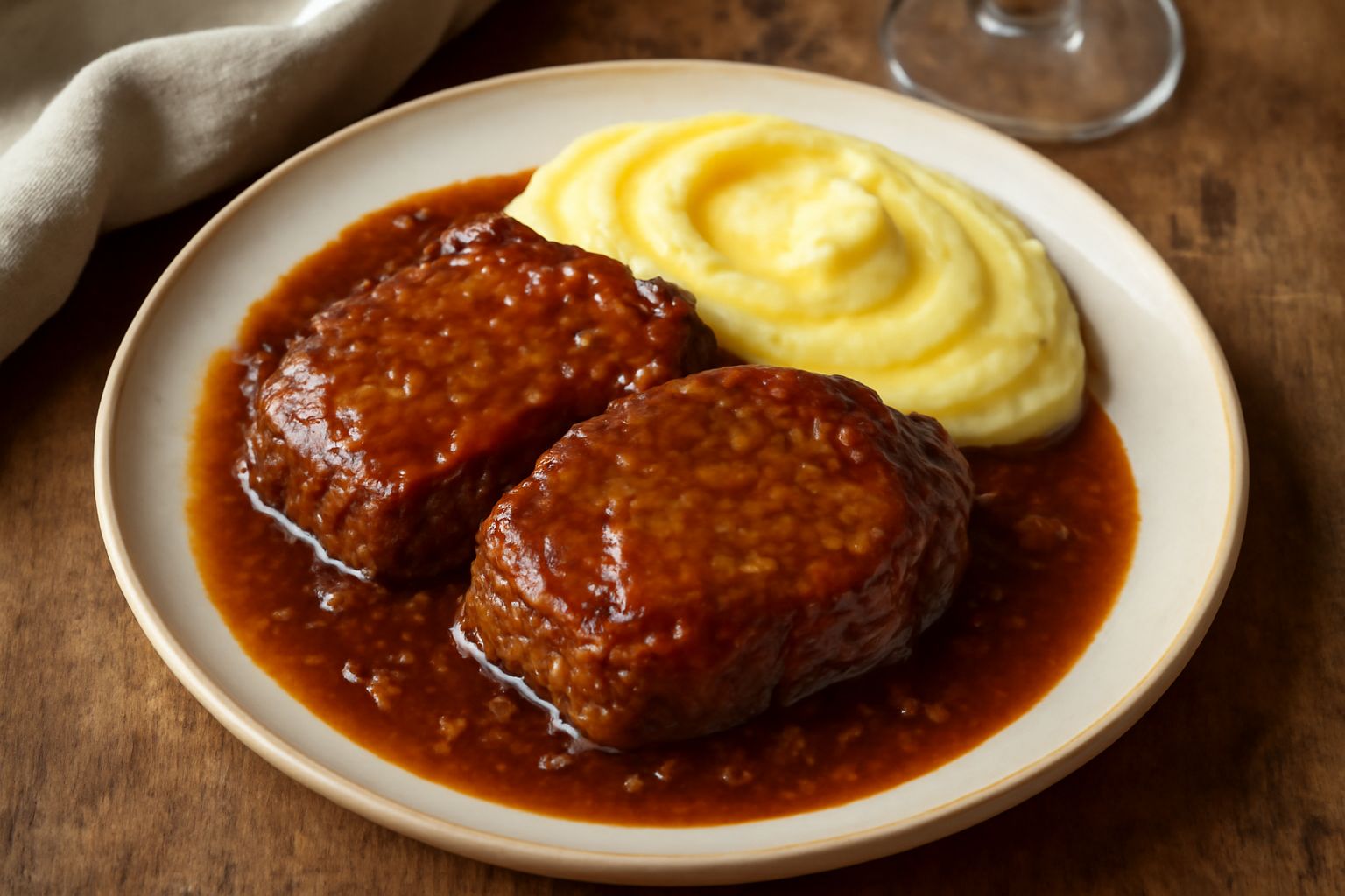 Un piatto di braciole di bue grasso di Carrù dorate, con salsa ricca e scura, accompagnate da purè cremoso e guarnite con erbe aromatiche fresche, servite su piatto bianco