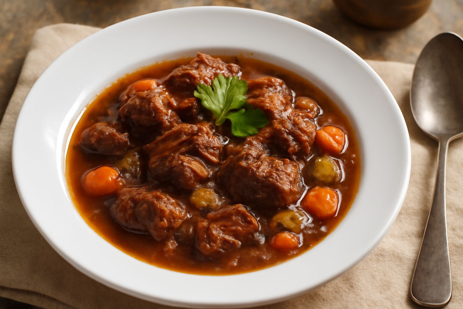 Piatto di ceramica bianca con bue stufato: pezzi di carne scura e tenera, sedano, carota e cipolla cotti nel sugo marrone scuro, cosparso di prezzemolo fresco