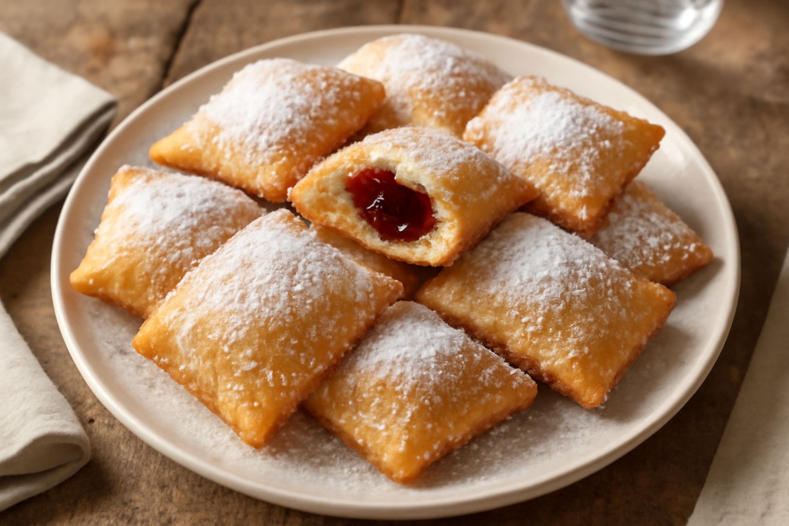 Frittelle di carnevale dorate e piene di marmellata su un piatto bianco, polverose di zucchero a velo, con una tazza di caffè accanto