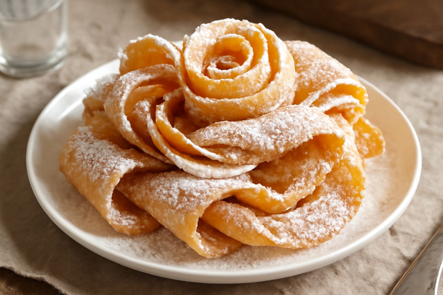 Frittelle dorate a forma di nastro arrotolato su un piatto bianco, cosparse di zucchero a velo. Sfondo sfuocato di una tavola di legno con una tazza di caffè.