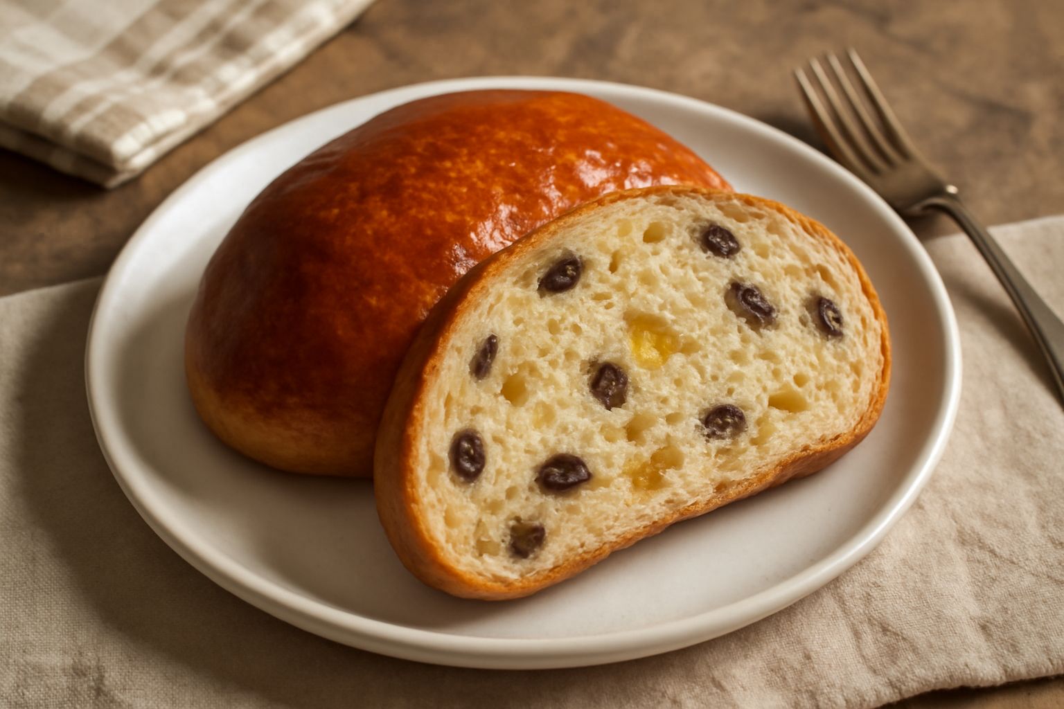 Un bun piacentino affettato su piatto bianco, sezione crema con uvetta nera e pezzetti di canditi arancioni, impasto dorato e morbido, bordi leggermente caramellati, pane di fondo legno scuro