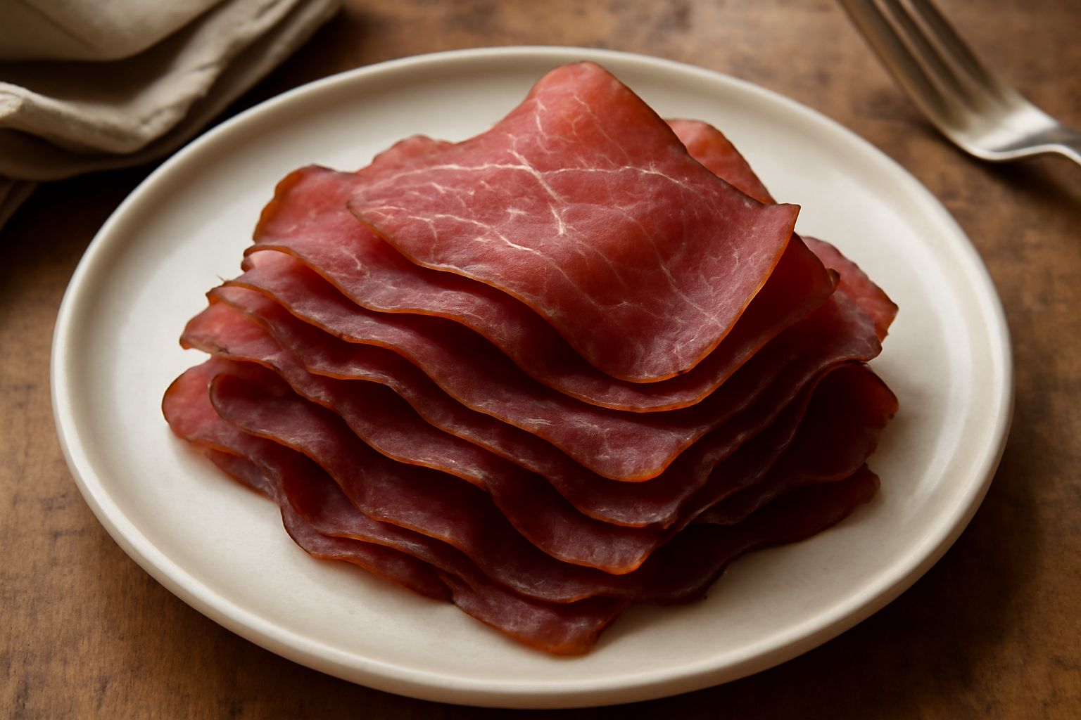 Fettine sottili di Bündnerfleisch color marrone scuro e rossastro impilate su un tagliere di legno, con sfondo di pepe nero e rametti di rosmarino secco