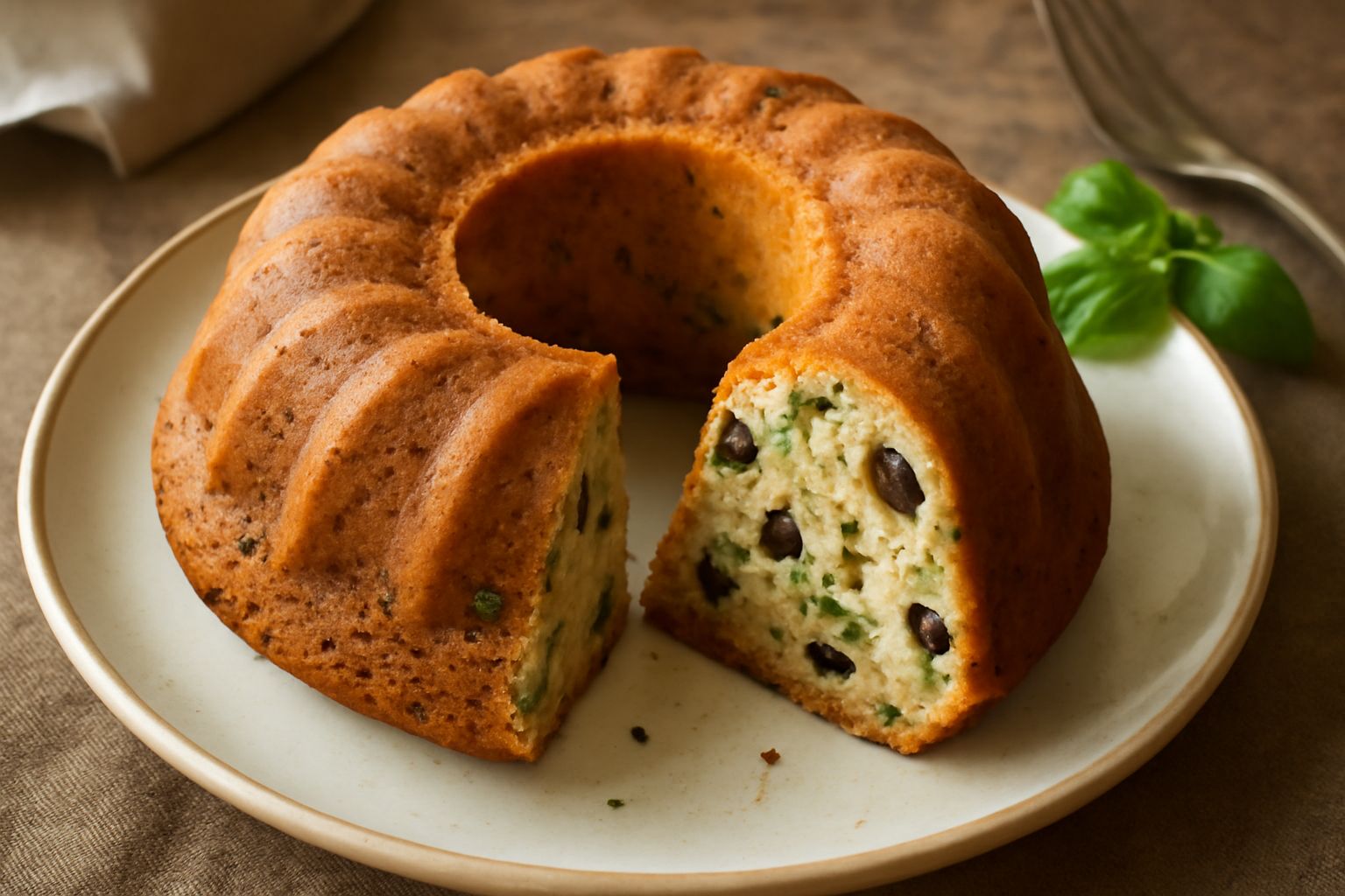Bundt cake genovese appena sfornato su piatto bianco, dalla forma ad anello caratteristica dello stampo bundt, con superficie dorata e screpolature leggere che lasciano intravedere miccini e uvetta