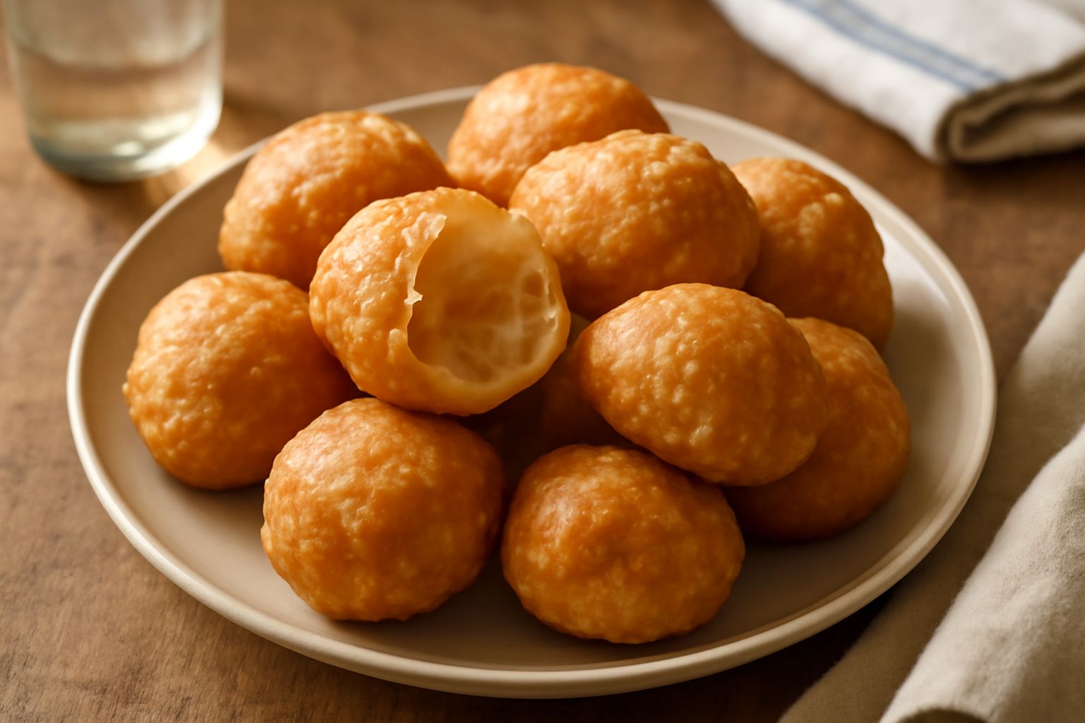 Buñuelos dorati e polverosi di zucchero disposti su un piatto bianco, vapore che sale dalla frittella spezzata a metà, ripieno bianco e soffice visibile