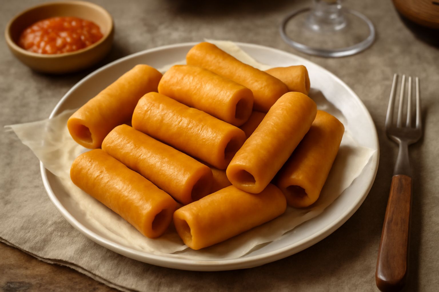 Burattini di pasta fritta, cilindrici e dorati, disposti su carta assorbente con una ciotola di salsa di pomodoro al centro