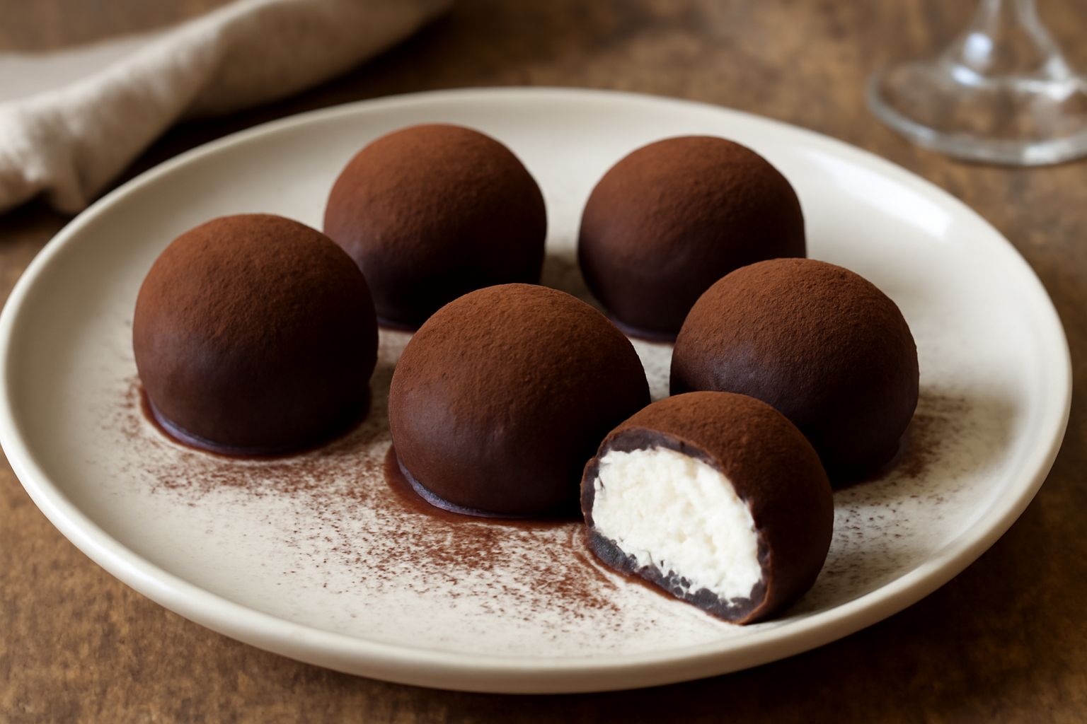 Burattini di ricotta: piccole sfere tonde ricoperte di cioccolato fondente scuro, con eventuale spolverata di cacao in polvere, disposti su un piatto bianco con contorno di carta pergamena