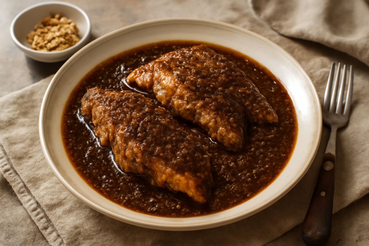 Piatto di burida con trancio di pesce bianco ricoperto da sugo scuro denso di noci macinate, servito in ciotola di ceramica bianca con cucchiaio di legno