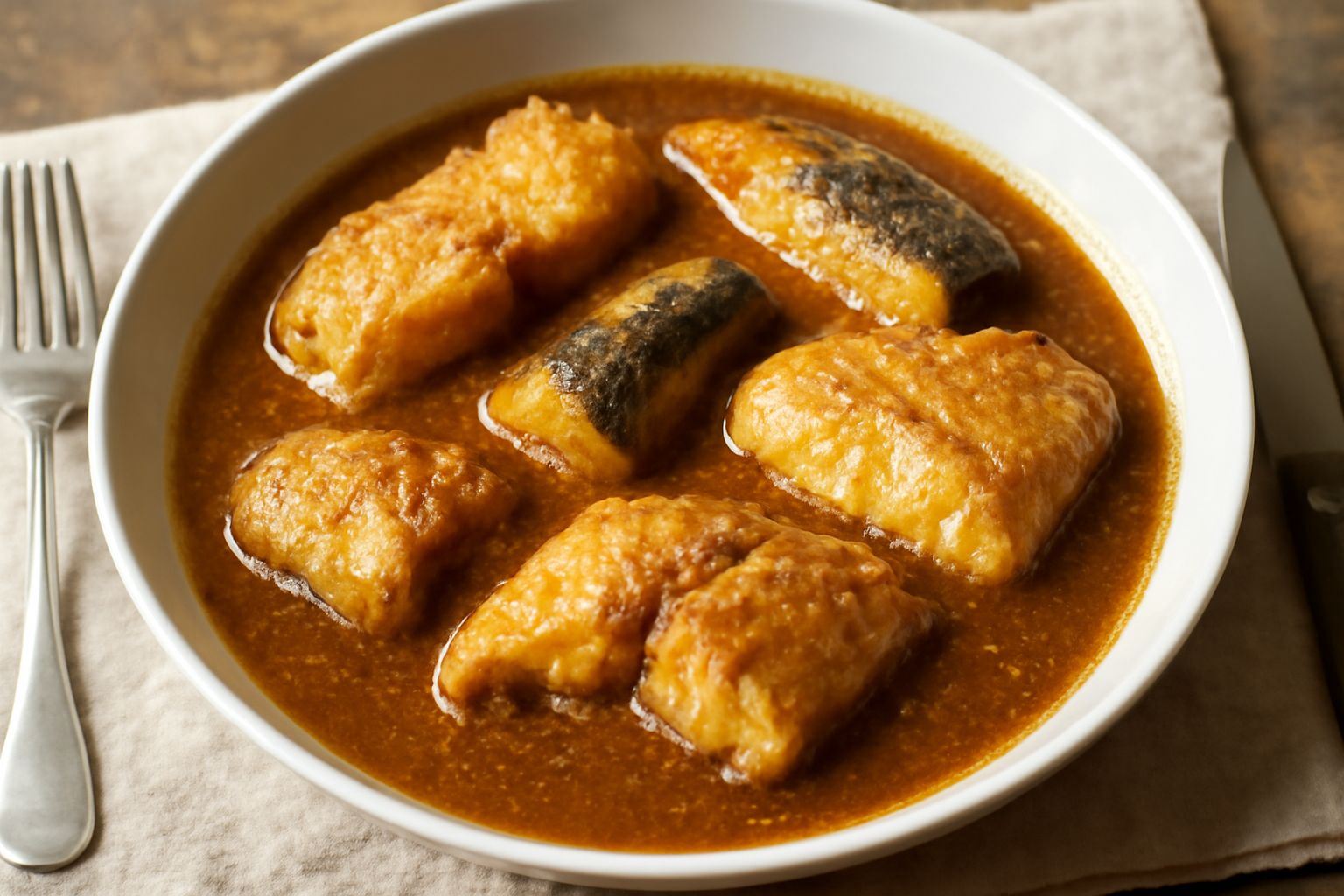 Brodetto di pesce in ciotola di ceramica con anguilla e muggine in brodo dorato, guarnito con noci tritate e prezzemolo fresco, servito con fette di pane tostato accanto