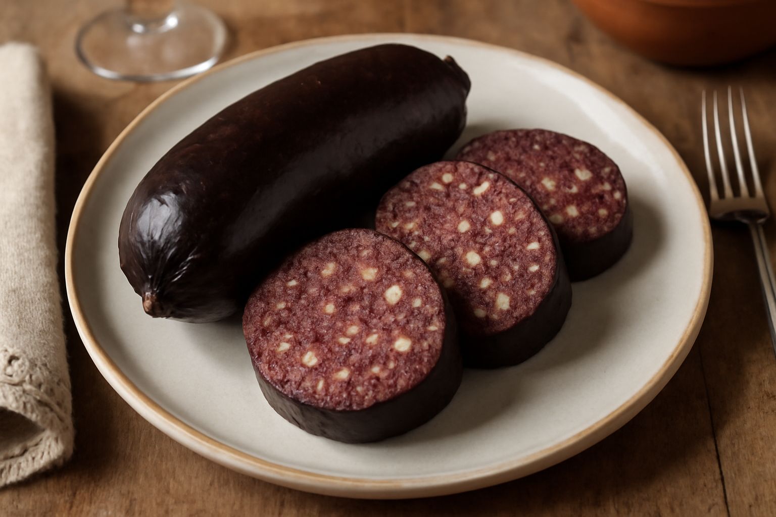 Buristo affettato su un piatto bianco, mostrando la sezione trasversale con carne scura e grasso distribuito uniformemente, accanto a pane tostato