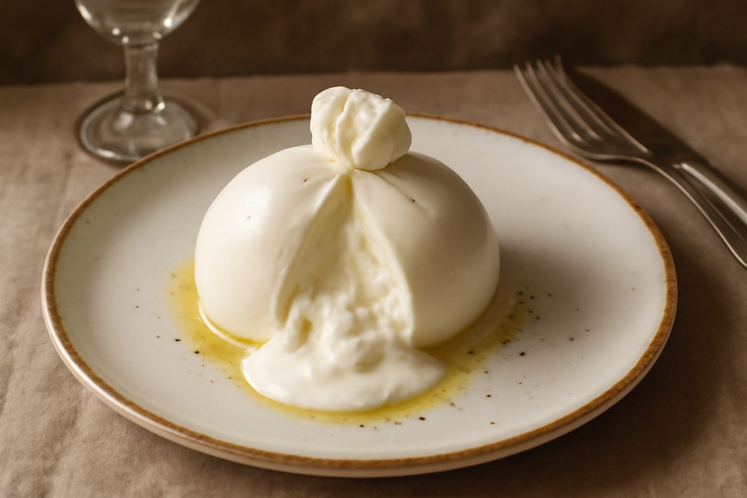 Burrata intera e mezza su piatto bianco con pomodori rossi tagliati, basilico fresco verde, gocce di olio extravergine e sale grosso visibile sulla superficie cremosa