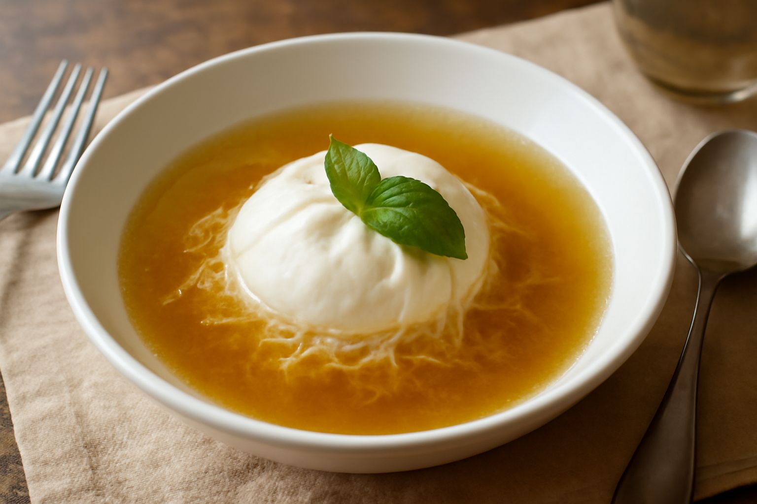 Ciotola di ceramica bianca con brodo trasparente dorato, frammenti di burrata parzialmente sciolti che creano vene bianche cremose, foglia di basilico fresco verde al centro, cucchiaio di acciaio inos