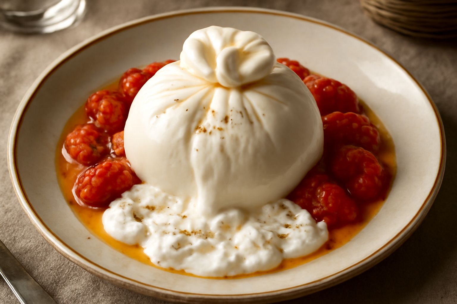 Una burrata calabrese appena fatta, sferica e bianca panna, tagliata a metà su un piatto bianco: il ripieno cremoso e filante esce dalla cavità interna, contornata da olio extravergine e pepe nero