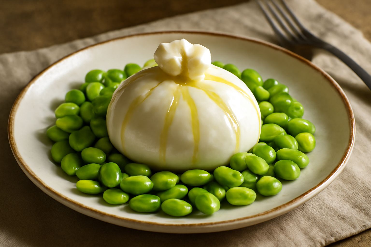Piatto bianco con burrata intera bianco latte al centro, circondata da fave fresche sgusciate di colore verde brillante, condite con gocce di olio verde dorato, fettine sottili di limone giallo, grani