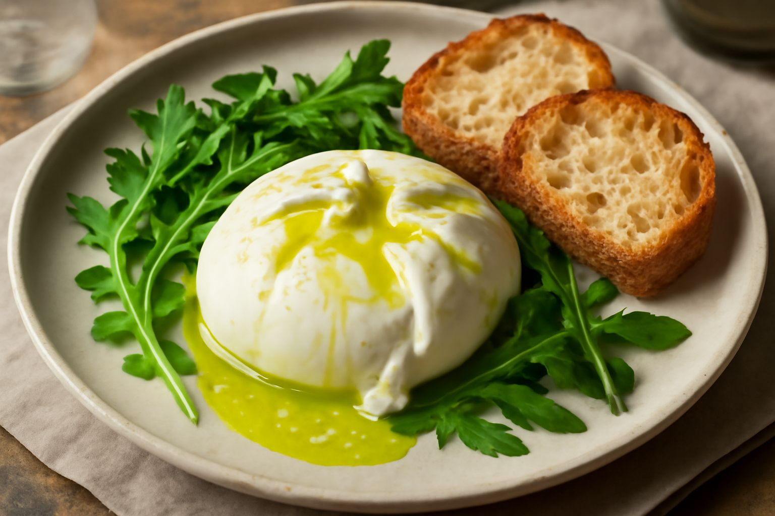Burrata bianca cremosa in un piatto bianco, rotta al centro per mostrare la crema filante, con olio nuovo giallo-verde versato sopra, sale grosso sparso e pane tostato ai bordi